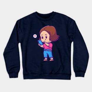 Cute Girl Playing SmartPhone Cartoon Crewneck Sweatshirt